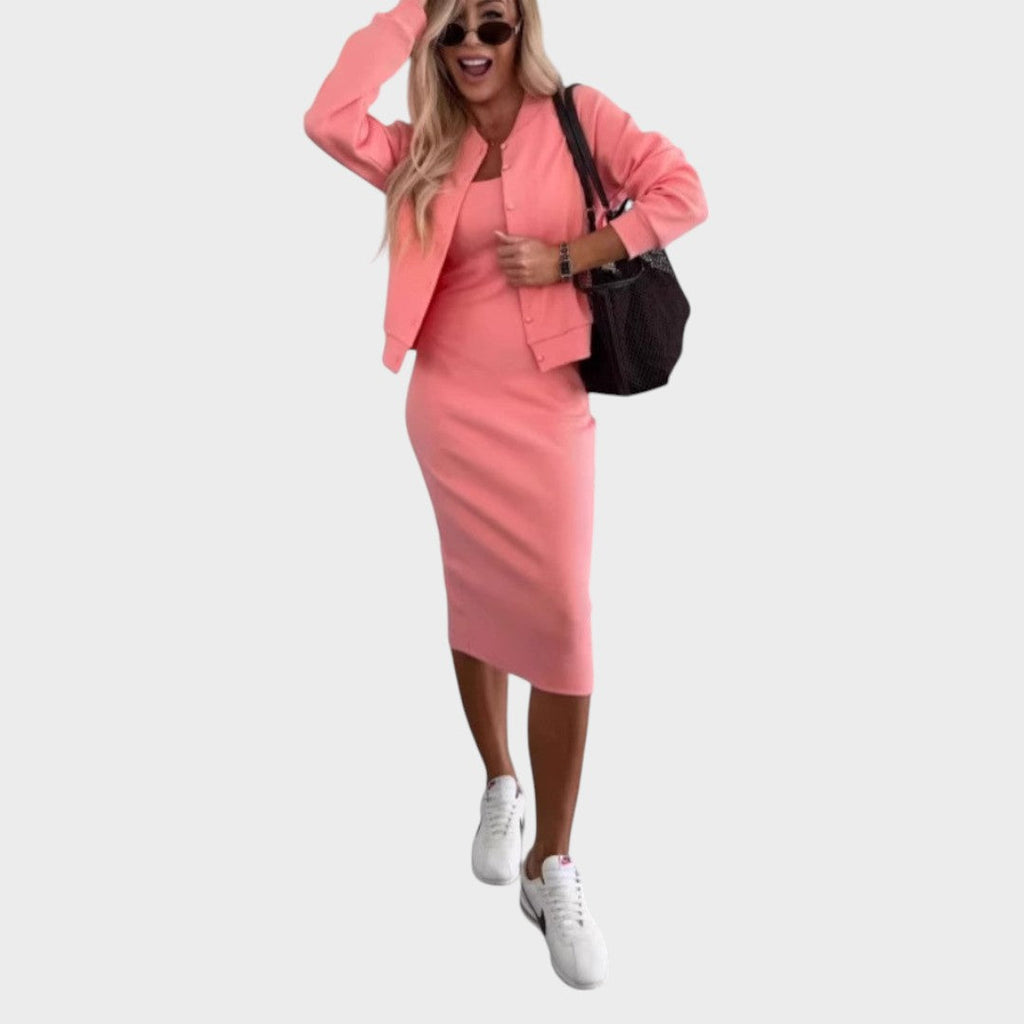 Karin | Conjunto de Vestido Midi Y Chaqueta Bomber De Canalé - Ana ruiz 