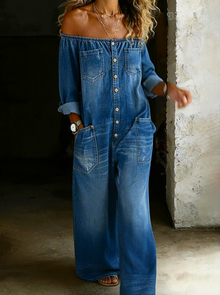 Elena | Mono de denim con mangas largas y hombros al descubierto
