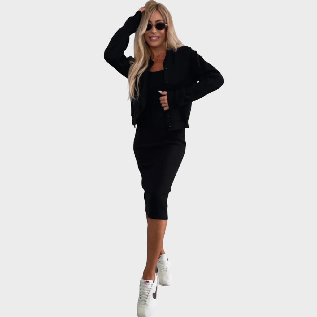 Karin | Conjunto de Vestido Midi Y Chaqueta Bomber De Canalé - Ana ruiz 