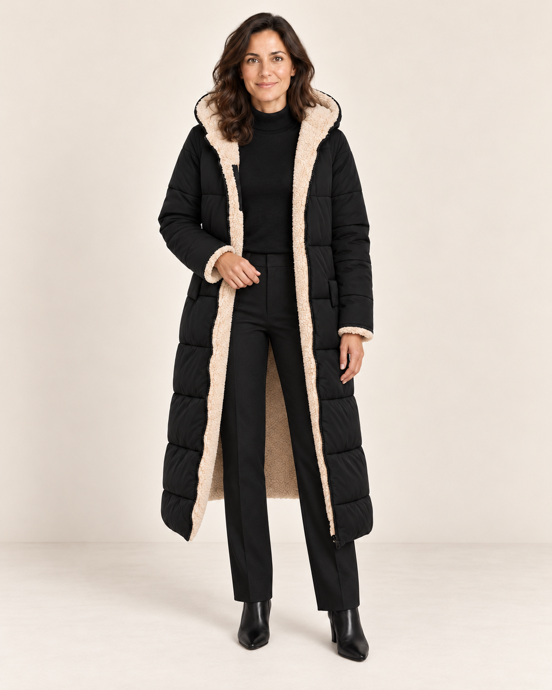 Ivory - abrigo en modelo, fondo beige minimalista