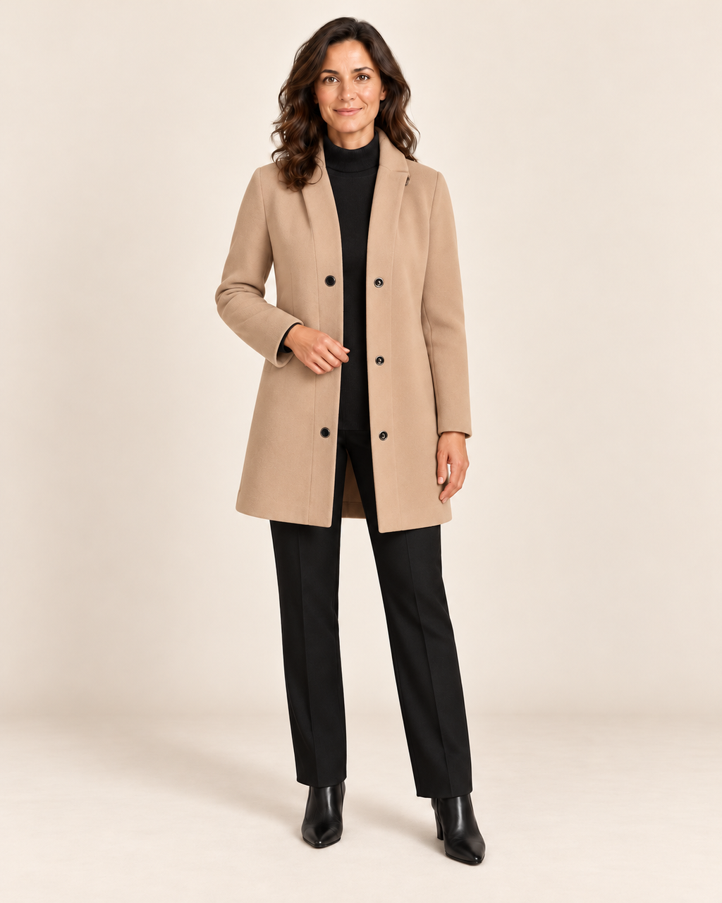 Sofia - abrigo en modelo, fondo beige minimalista