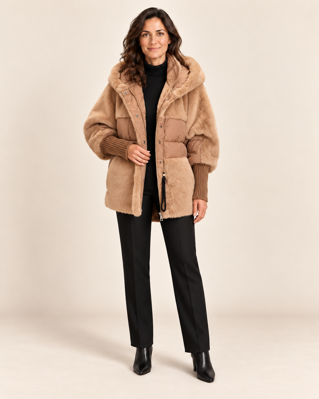 Nomi - abrigo en modelo, fondo beige minimalista