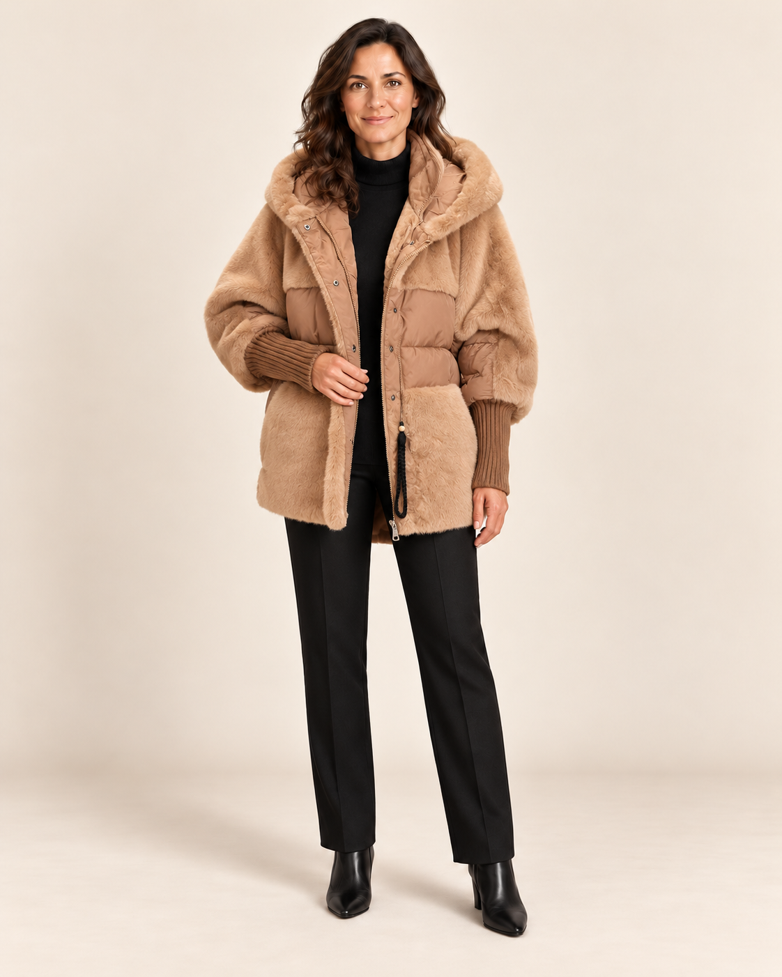 Nomi - abrigo en modelo, fondo beige minimalista