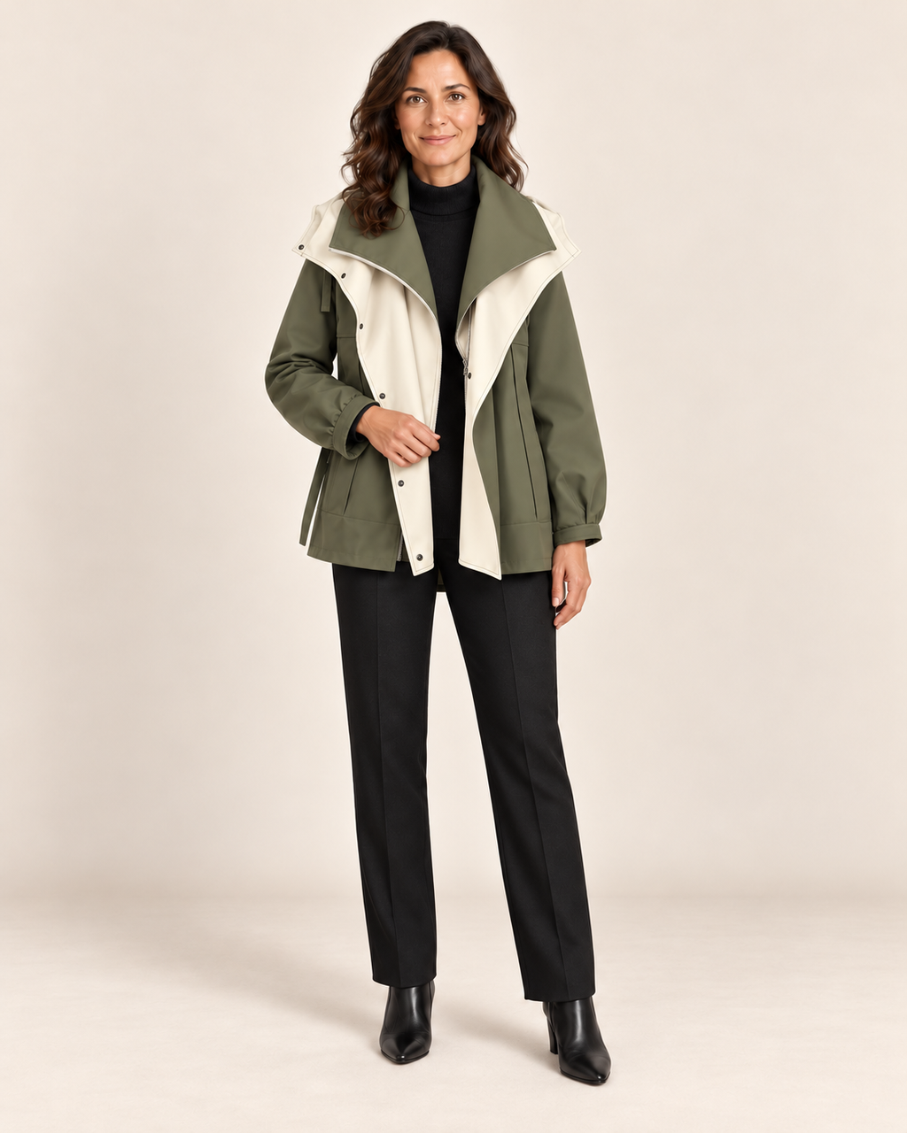 Daphné - abrigo en modelo, fondo beige minimalista