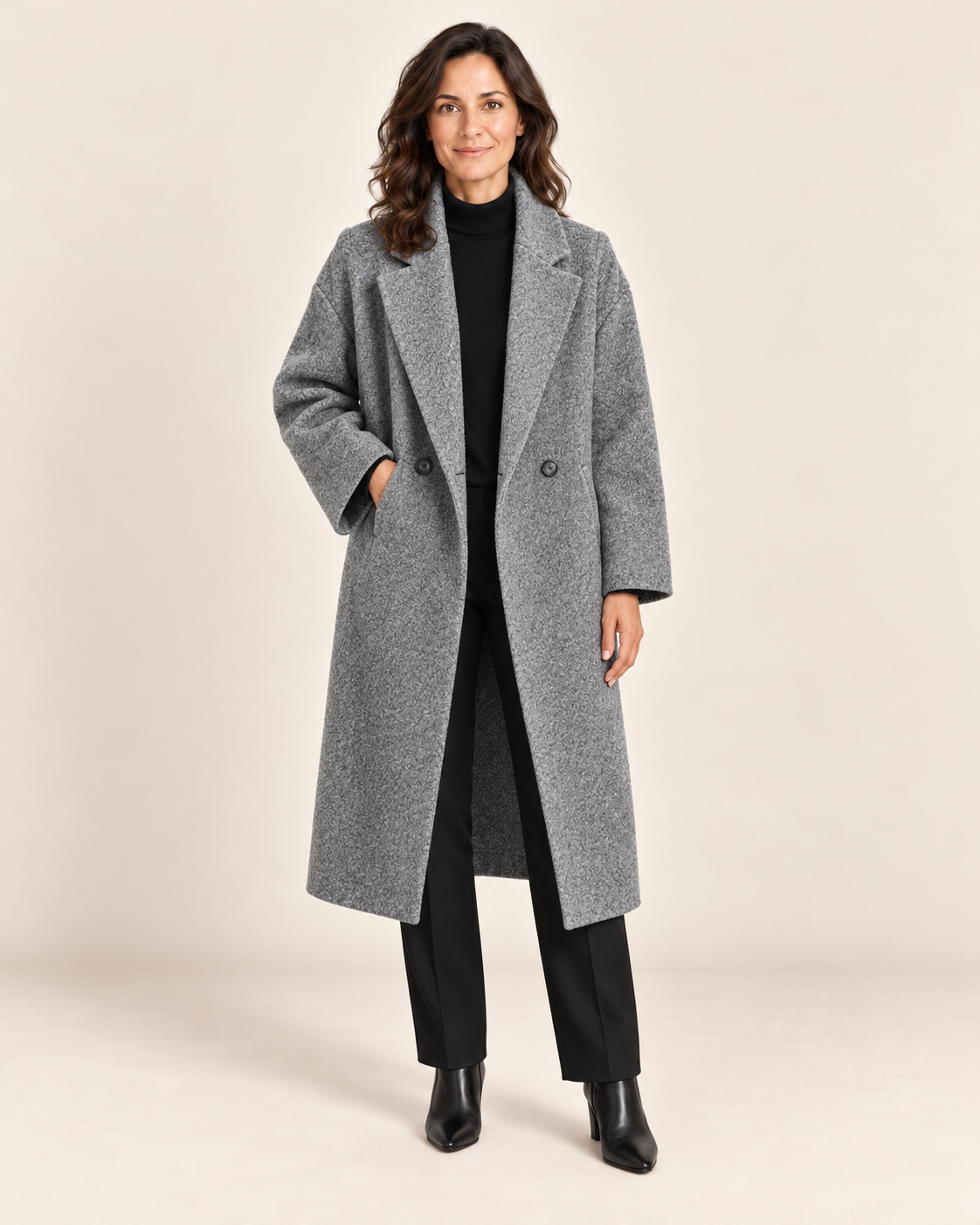 Charlotte - abrigo en modelo, fondo beige minimalista