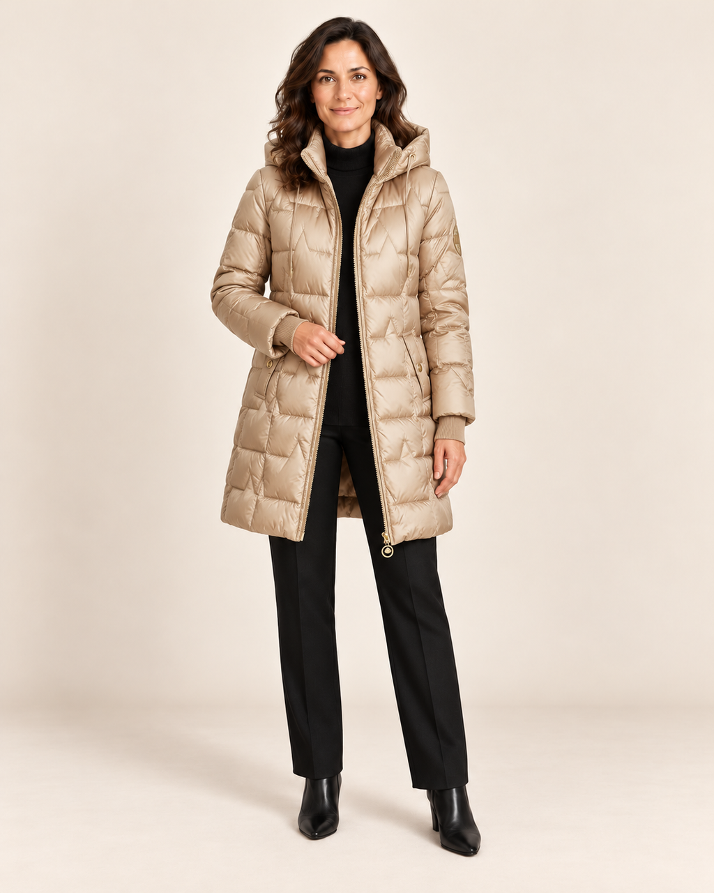 Mika - abrigo en modelo, fondo beige minimalista