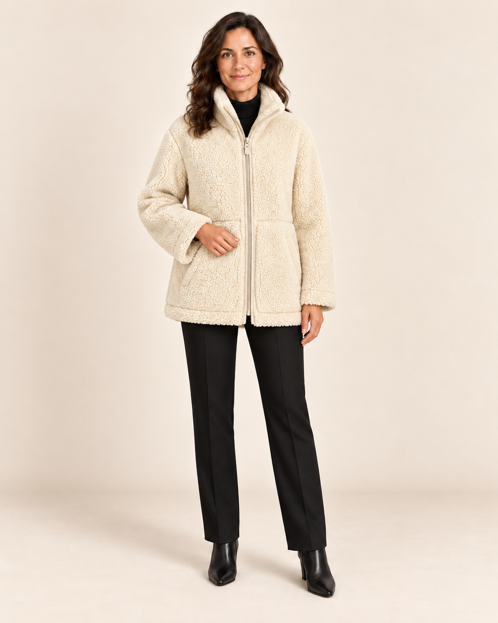 Evi - abrigo en modelo, fondo beige minimalista