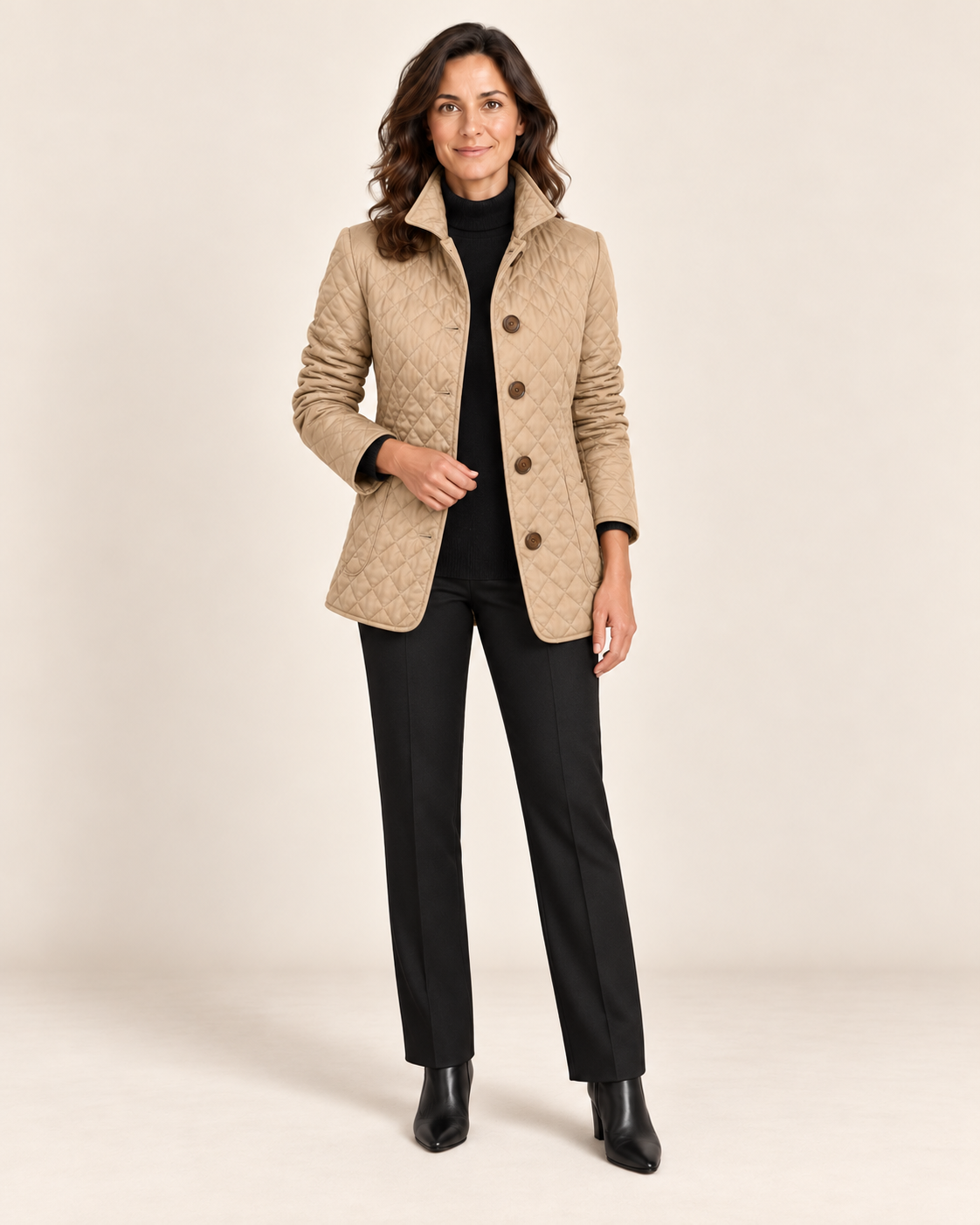 Kelley - abrigo en modelo, fondo beige minimalista
