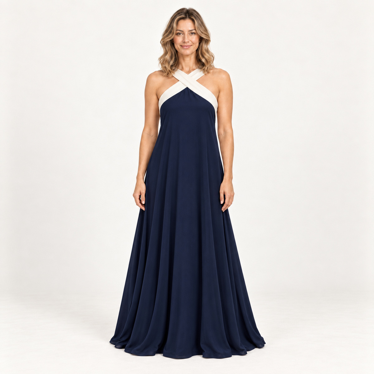 Carlotta — vestido maxi azul armonizado