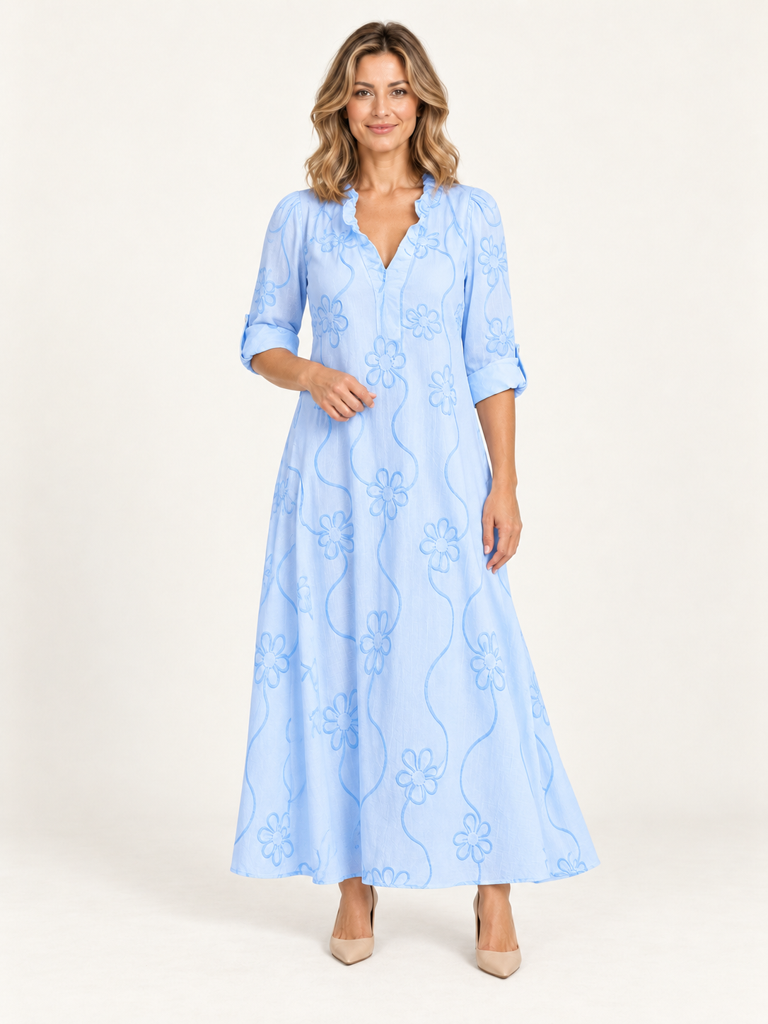 Carol | Vestido maxi floral con modelo rubia - Ana Ruiz