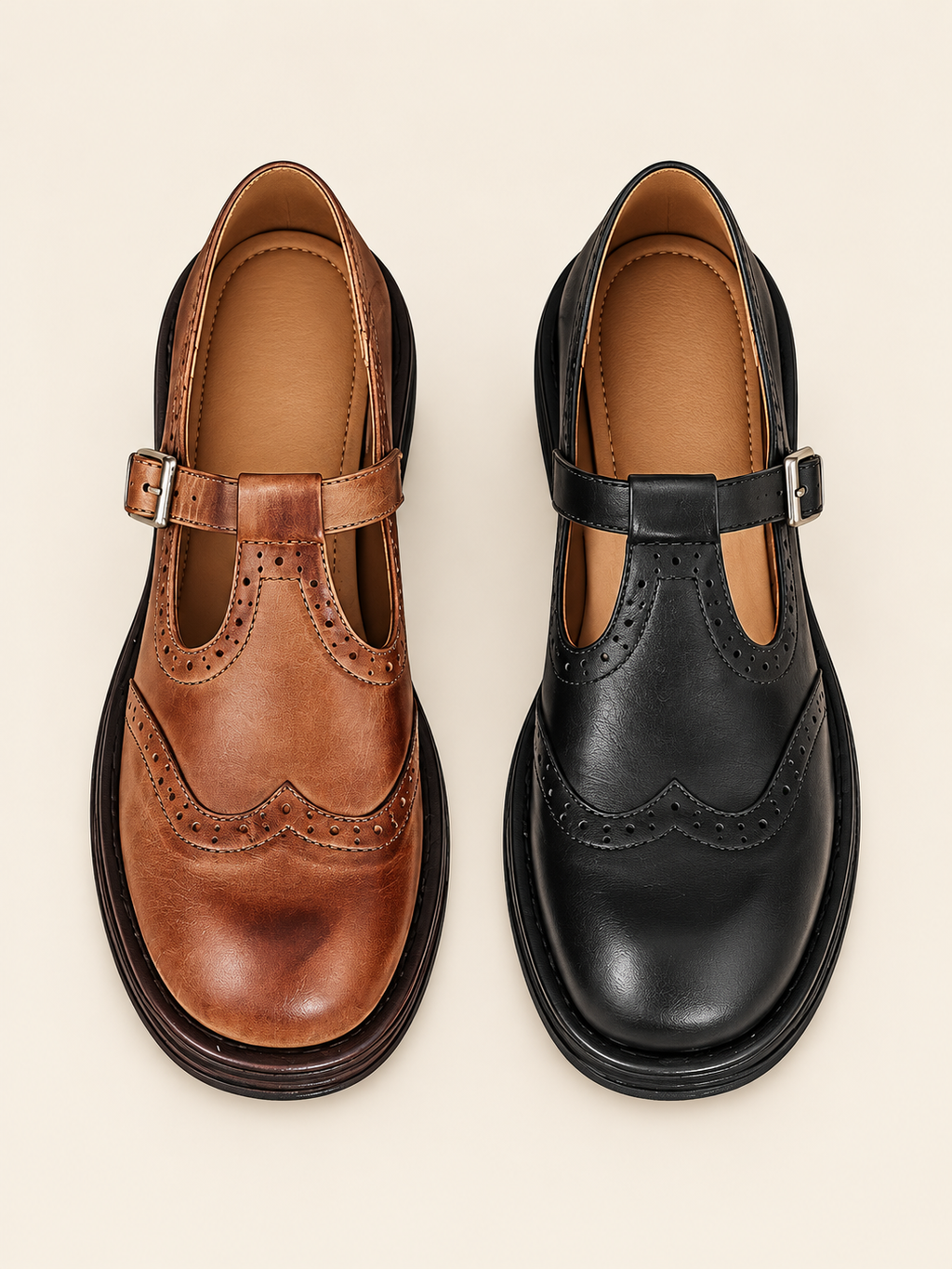 Elena zapatos elegantes y cómodos - comparativa marrón y negro sobre fondo beige