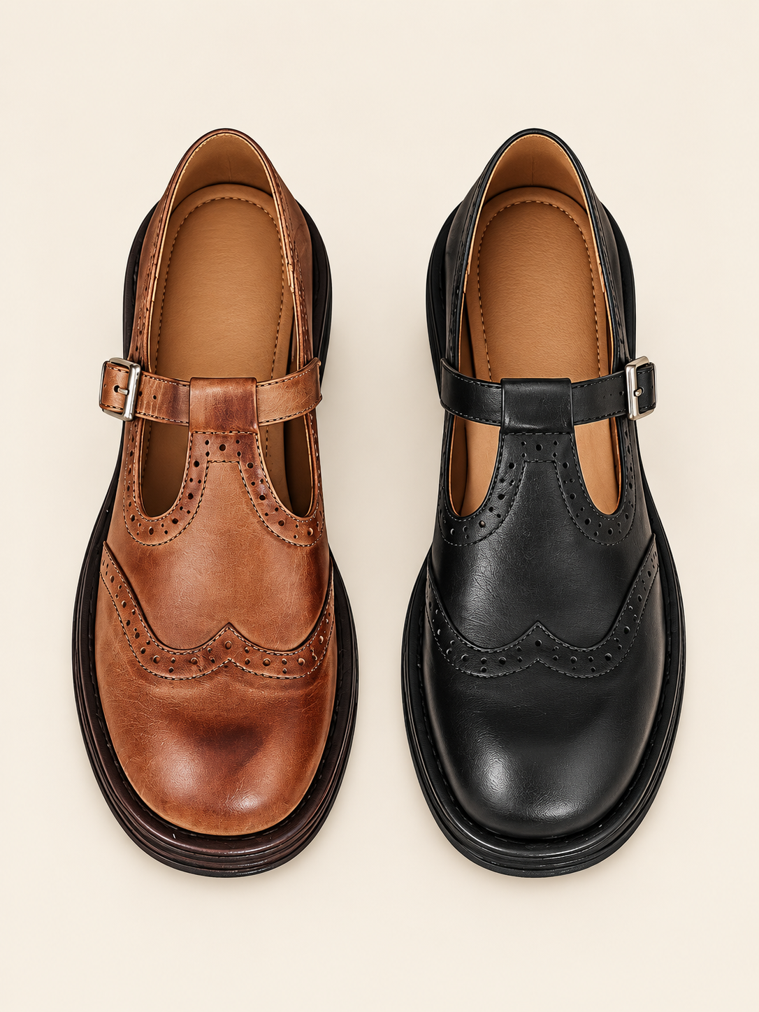 Elena zapatos elegantes y cómodos - comparativa marrón y negro sobre fondo beige