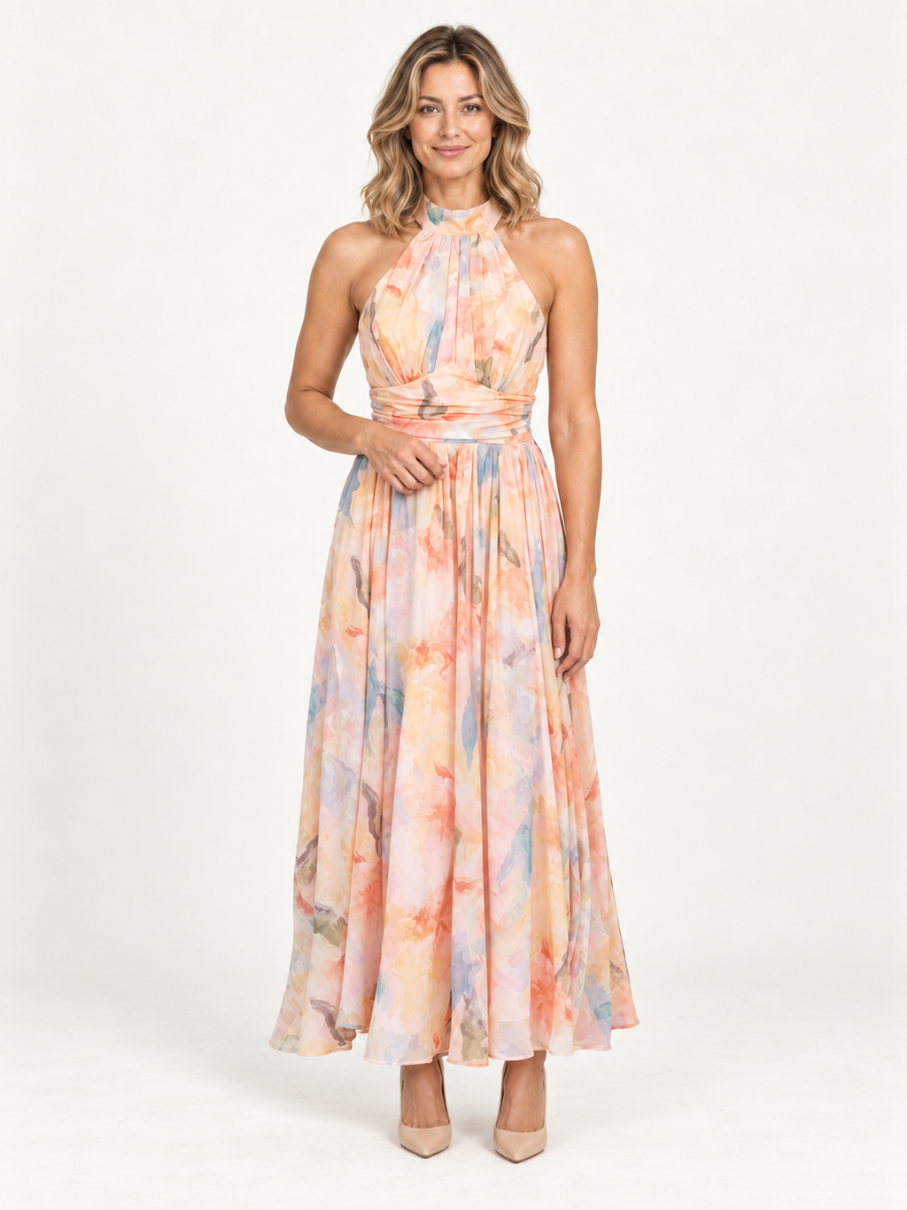 Harlem – vestido largo con estampado, imagen de catálogo premium con modelo rubia