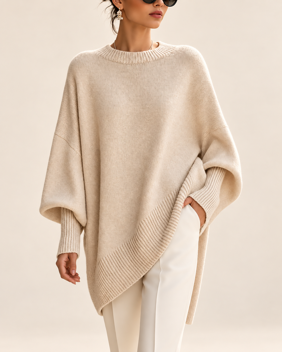 Jennifer jersey oversize beige con drapeado en fondo beige minimalista