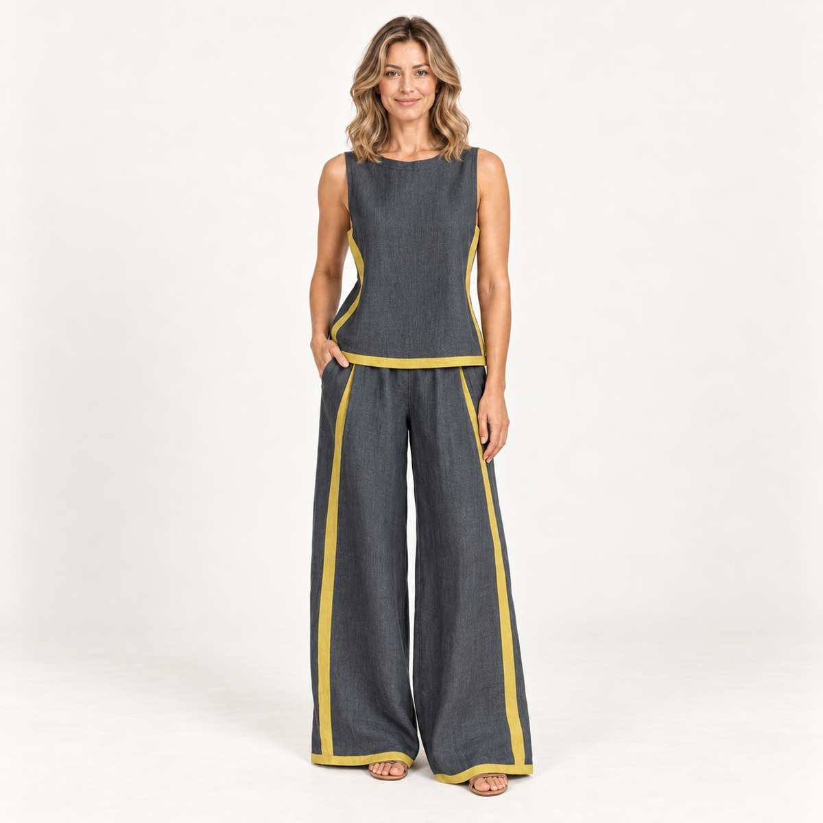 Leila — traje de lino gris armonizado