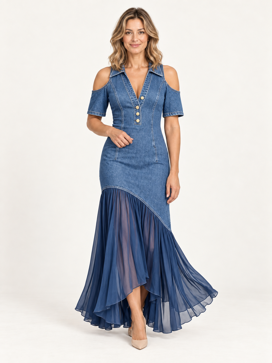 Margot | Vestido denim con modelo rubia - Ana Ruiz