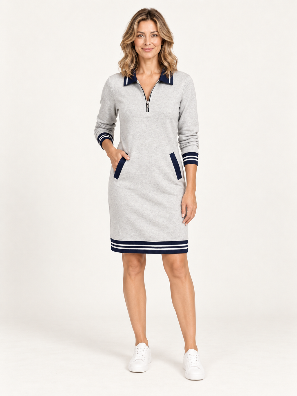 Nadège – vestido deportivo chic, portada premium con modelo rubia