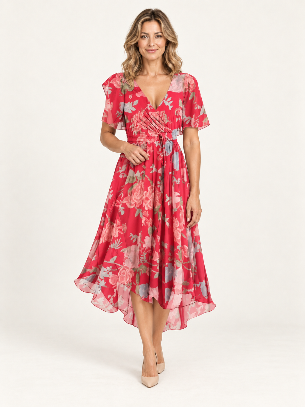 Naomie – vestido de verano elegante, imagen de catálogo premium con modelo rubia