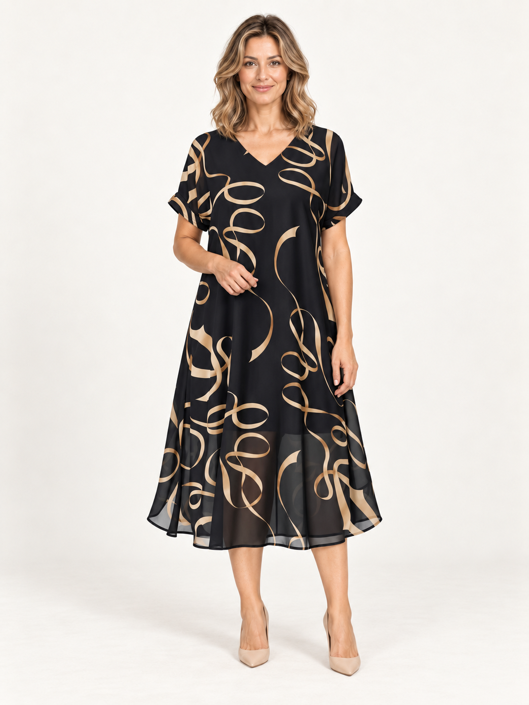 Nora – vestido cómodo y elegante, imagen de catálogo premium con modelo rubia