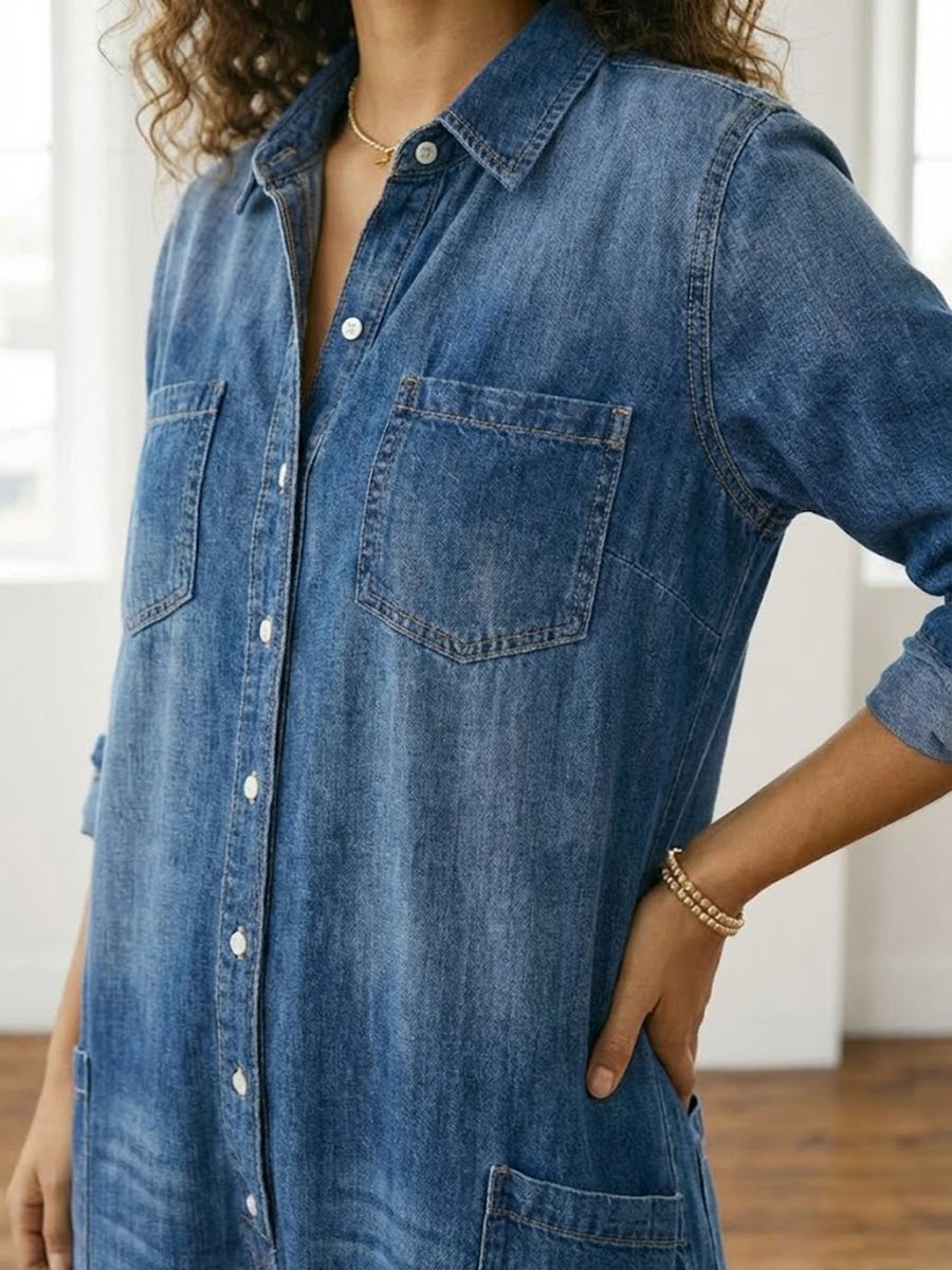 Diana | Vestido de denim lavado vintage con botonadura frontal