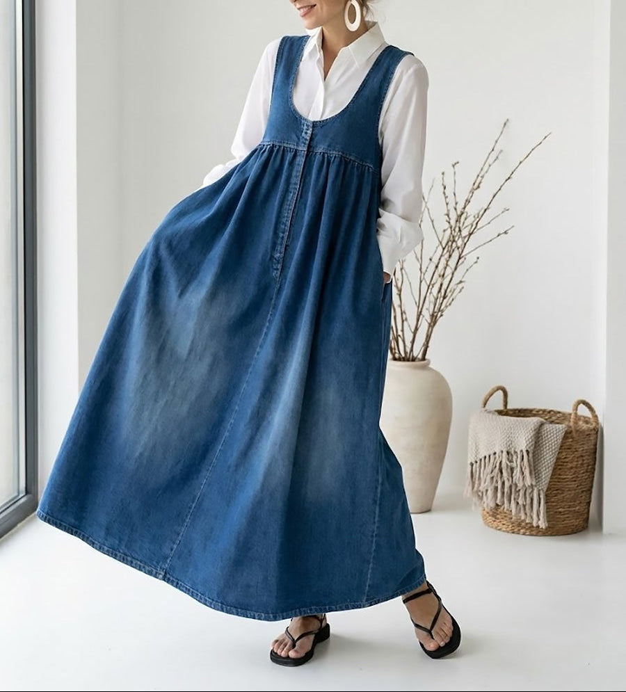 Karen | Vestido Maxi de Denim Suave Lavado Vintage