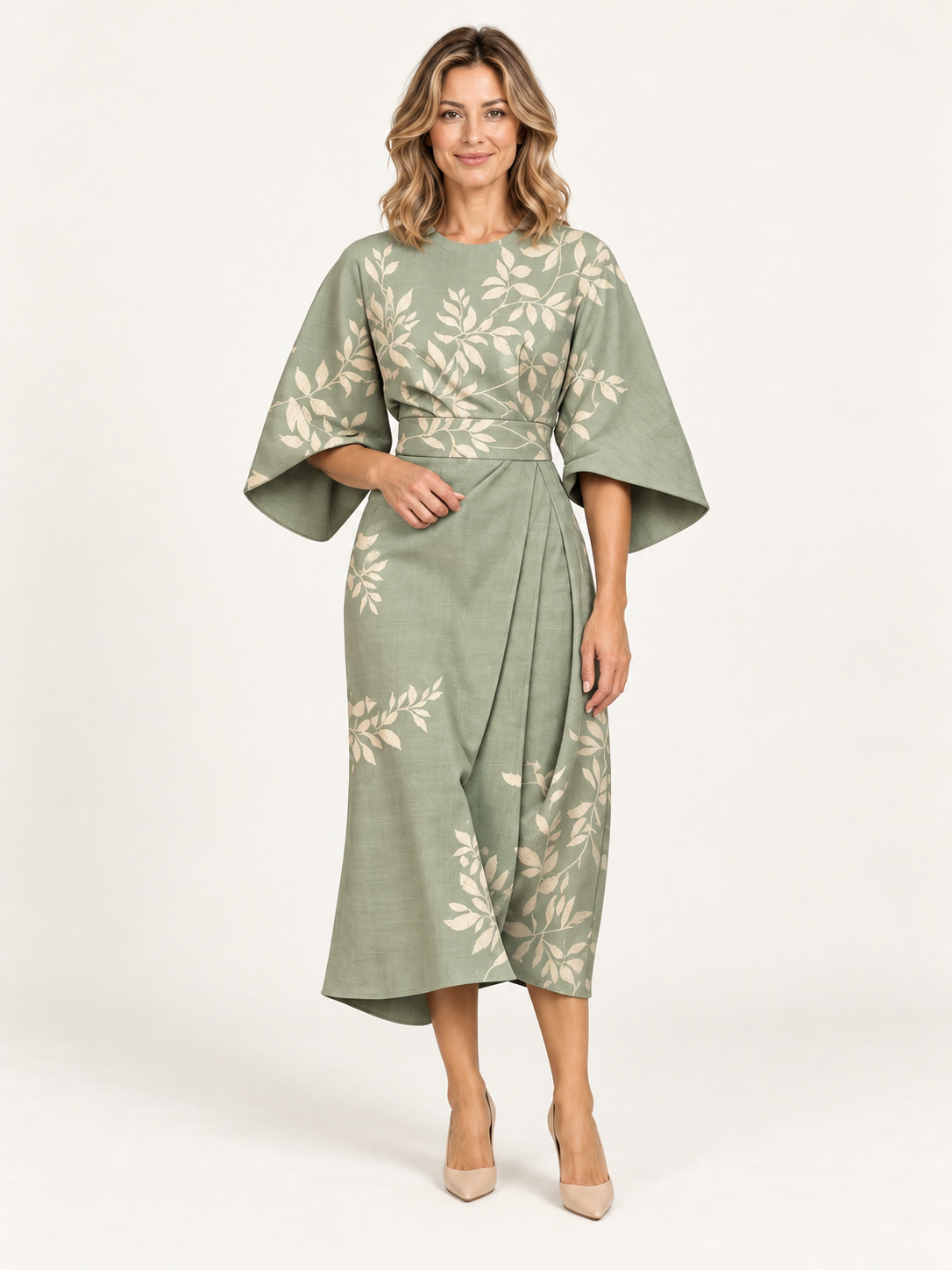 Palma – vestido verde estampado, portada premium con modelo rubia