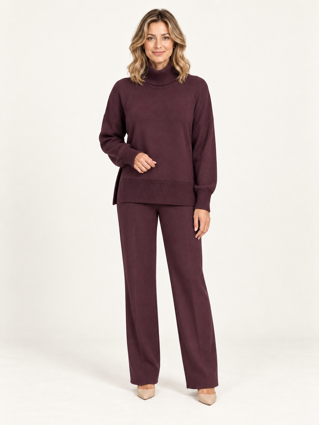 Seline – conjunto de punto color ciruela, portada premium con modelo rubia