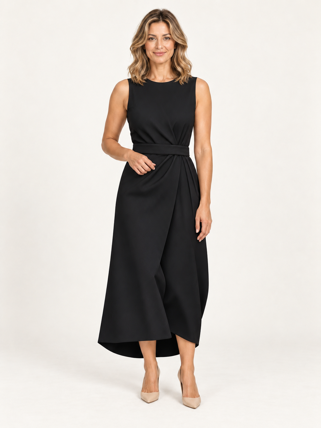 Sierra – vestido negro elegante, portada premium con modelo rubia