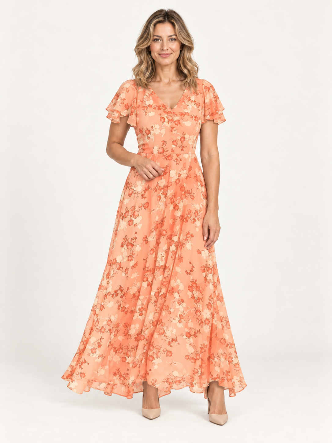 Tenerife – vestido floral melocotón, portada premium con modelo rubia