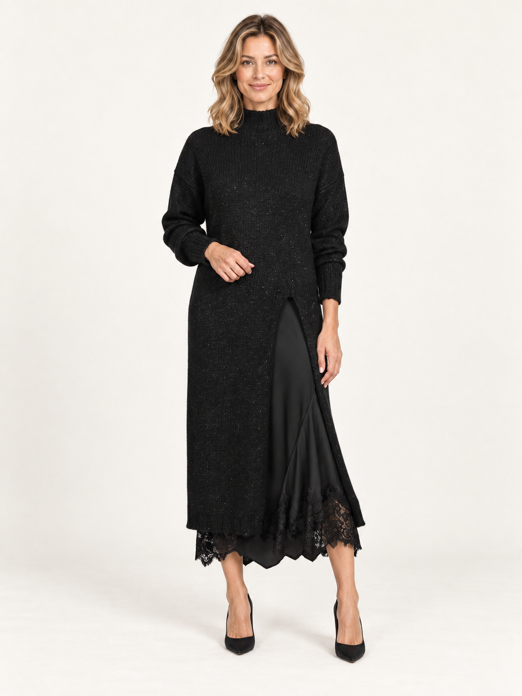 Vega – conjunto de jersey y vestido lencero, portada premium con modelo rubia
