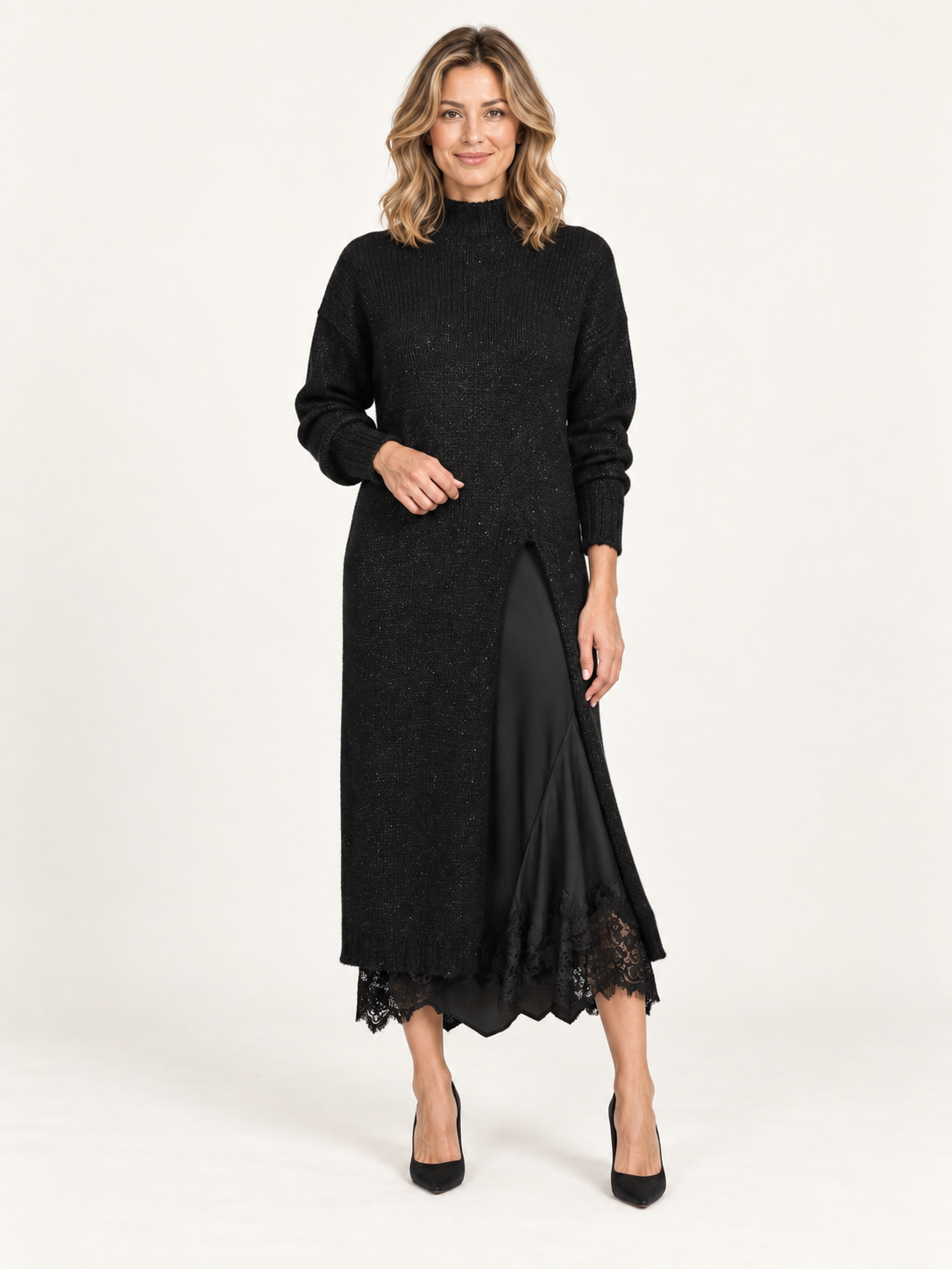 Vega – conjunto de jersey y vestido lencero, portada premium con modelo rubia