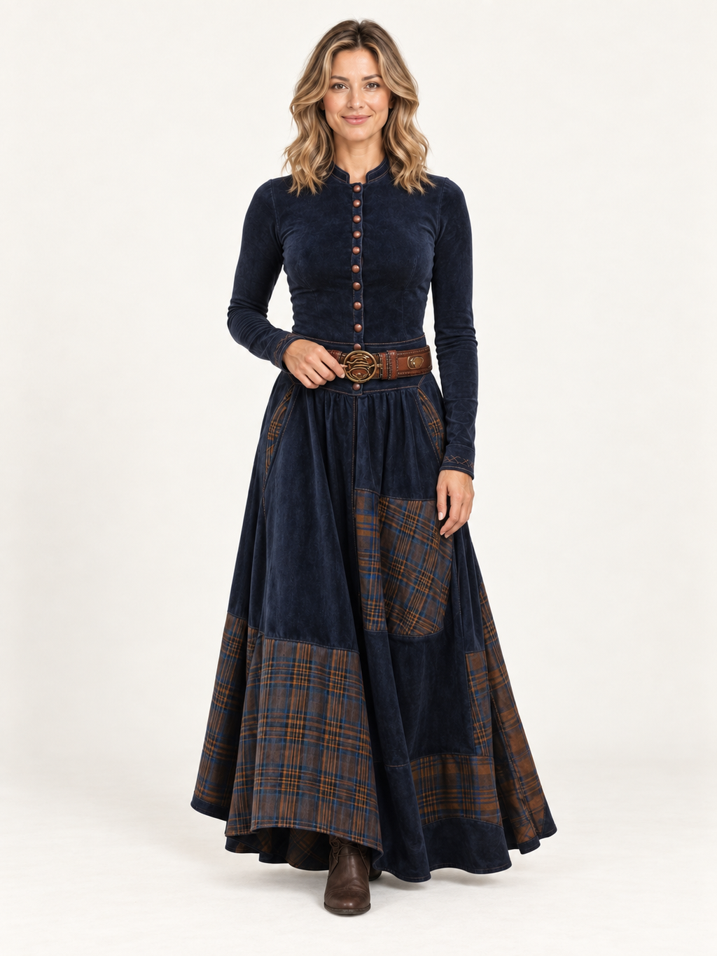 Vittoria – vestido largo vintage azul marino, portada de catálogo premium con modelo rubia