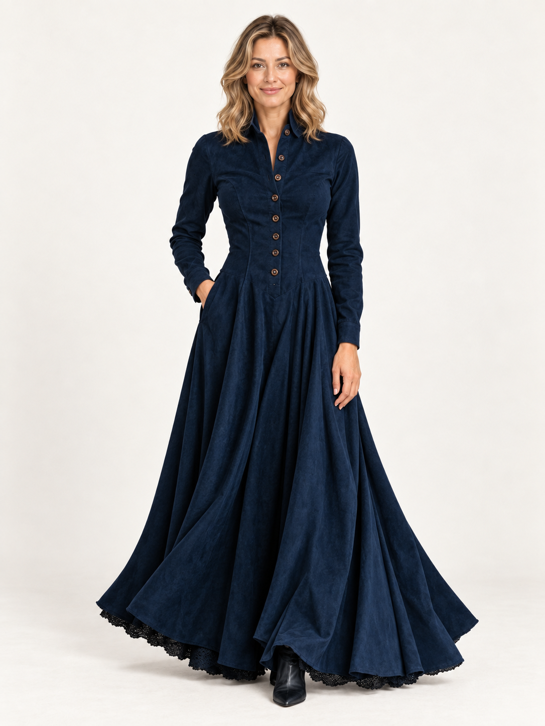 Zendaya vestido maxi azul marino con modelo rubia sobre fondo minimalista